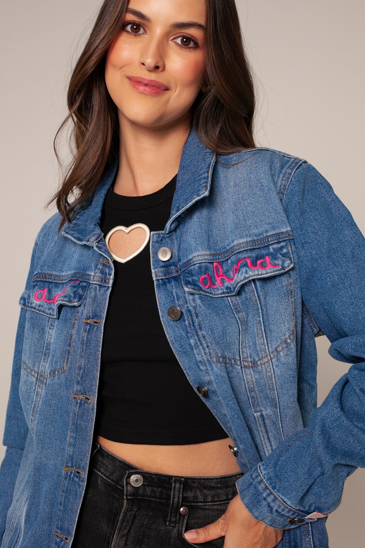 Chaqueta blue jean hilo fucsia